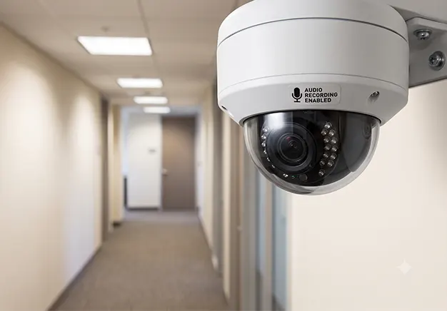 White dome CCTV camera mounted in a hallway with an "audio recording enabled" sticker.