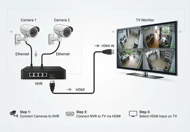 A diagram showing two CCTV cameras connected via Ethernet cables to an NVR, which is then connected to a TV monitor using an HDMI cable to display four camera feeds.