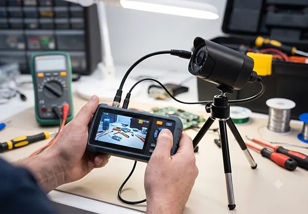 A person holding a handheld digital monitor connected to a black CCTV camera on a small tripod, testing the live video feed on a workbench filled with electronic tools.