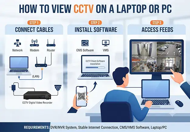 An infographic titled "How to View CCTV on a Laptop or PC," illustrating three steps: 1) connecting the DVR/NVR to a network via a router, 2) installing CMS or VMS software on a laptop, and 3) accessing the camera feeds on the computer monitor.