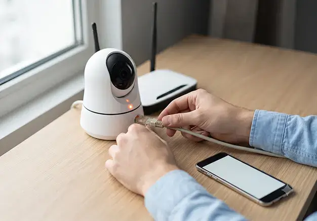 A person connecting an ethernet cable into a white CCTV camera placed on a wooden desk next to a Wi-Fi router.